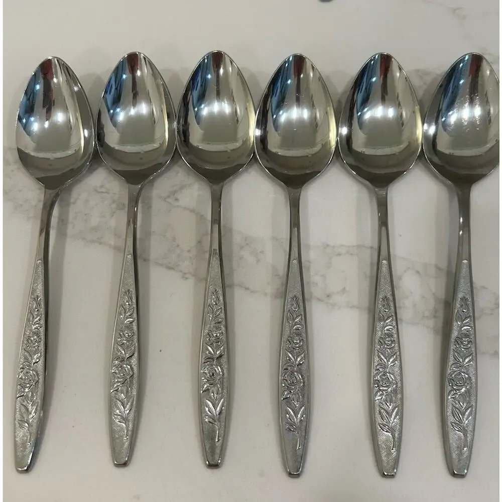 Eldan ELD18 Set Of 6 Dinner Spoons MAY ROSE Textured Roses Stainless Vintage MCM